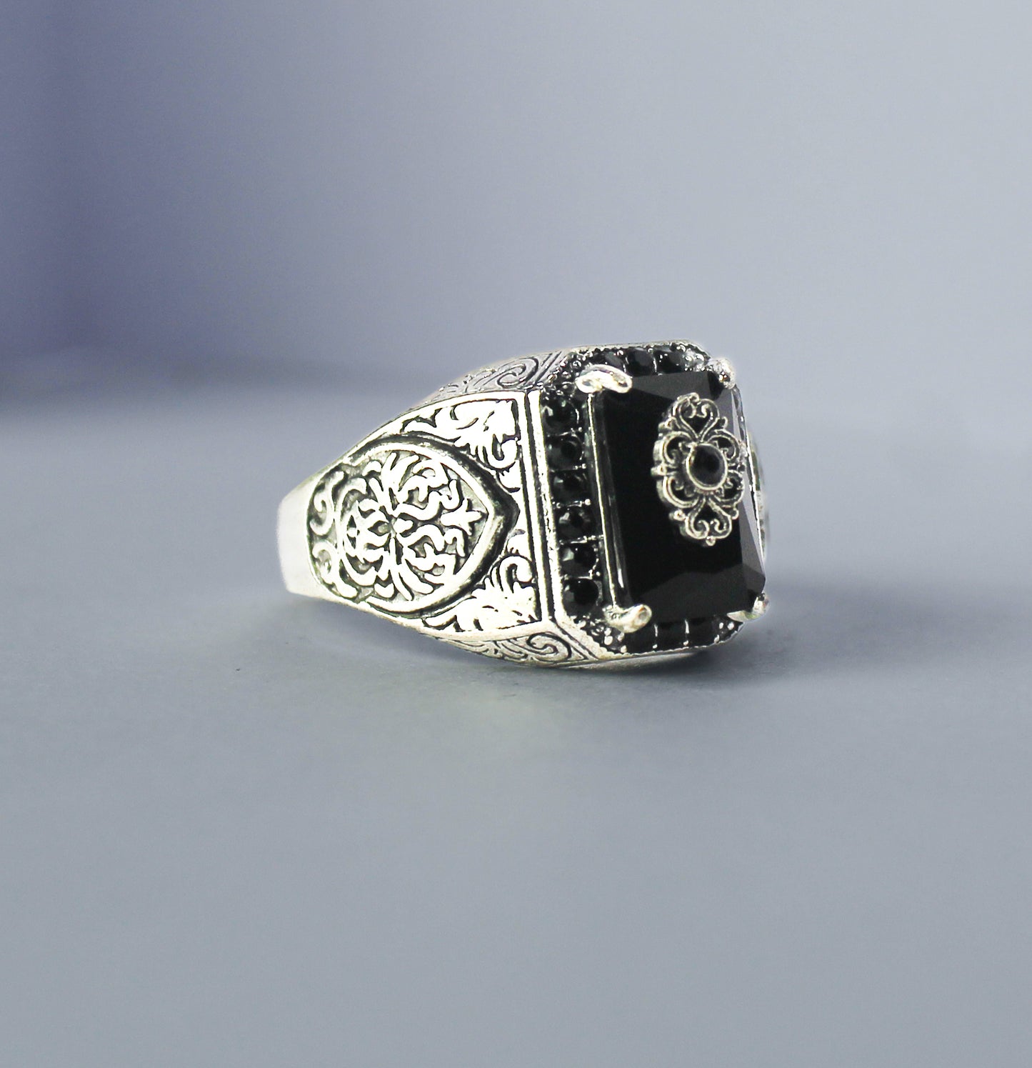 Men's Turkish Signet Ring: Ancient Silver Carved Eagle, Black Onyx