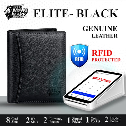Elite (Black) Premium Leather Wallet - 8 Card Slots, 2 Currency Pockets, 2, ID Window, RFID Protection - Perfect Gift for Birthday, Valentine's Day, Father's Day, Brother's Day, Anniversary, Rakhi, Diwali etc