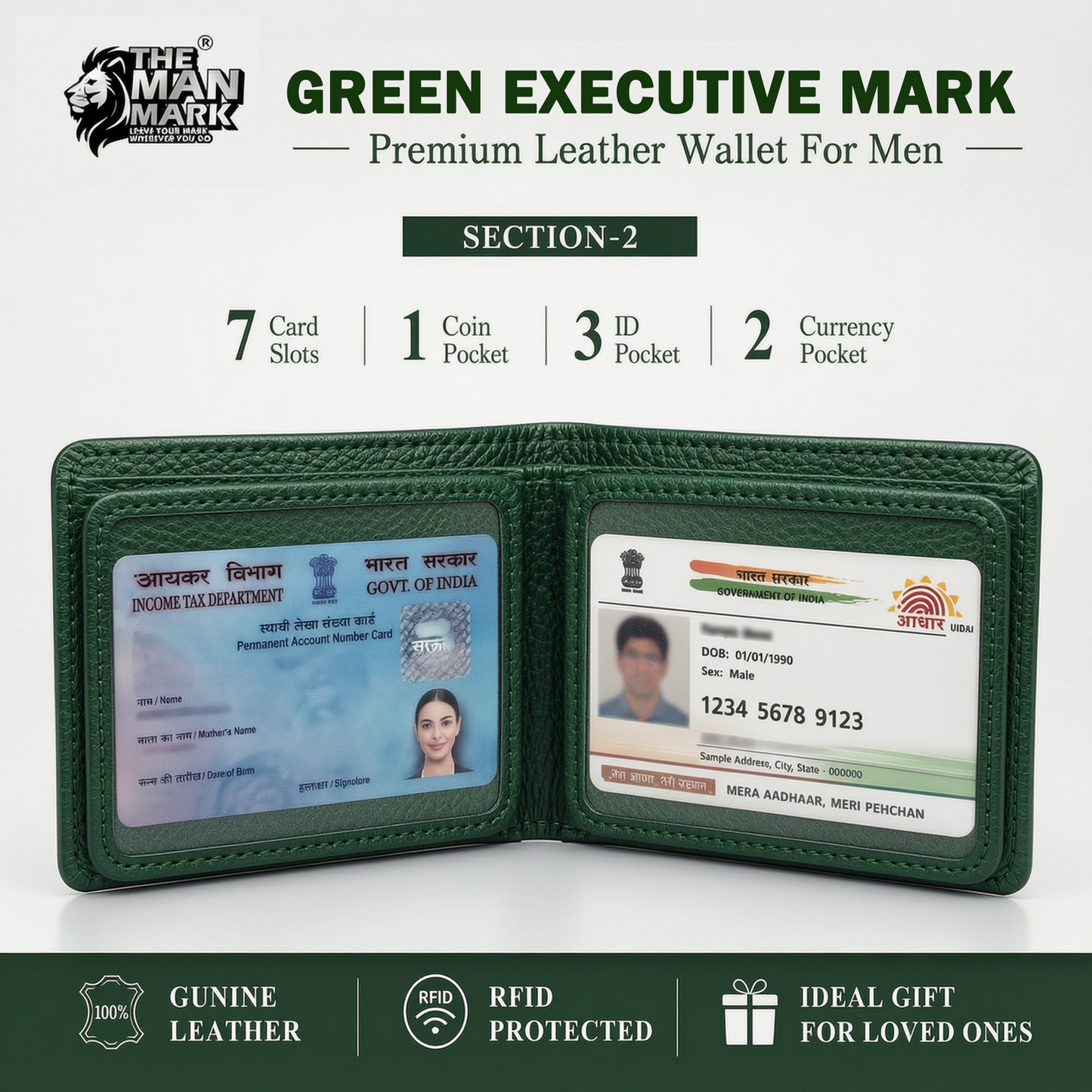 Green Executive Mark  Premium Leather Wallet - 7 Card Slots, 2 Currency Pockets, RFID Protection - Perfect Gift for Birthday, Valentine's Day, Father's Day, Brother's Day, Anniversary, Rakhi, Diwali etc