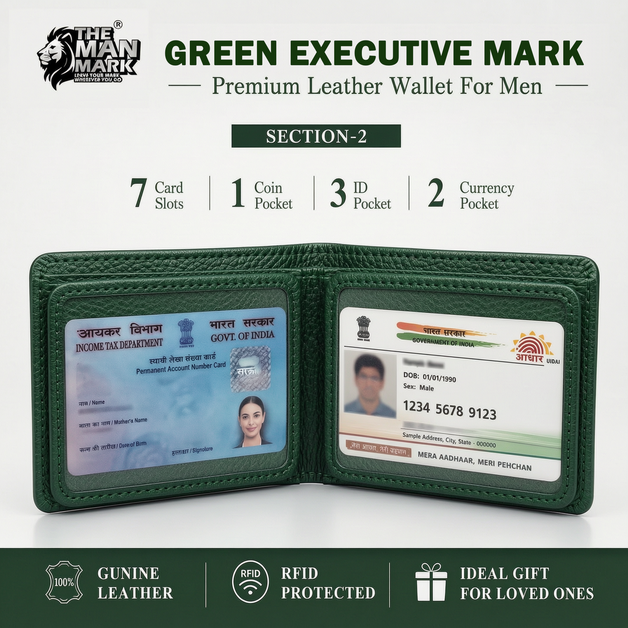Green Executive Mark  Premium Leather Wallet - 7 Card Slots, 2 Currency Pockets, RFID Protection - Perfect Gift for Birthday, Valentine's Day, Father's Day, Brother's Day, Anniversary, Rakhi, Diwali etc