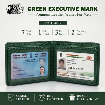Green Executive Mark  Premium Leather Wallet - 7 Card Slots, 2 Currency Pockets, RFID Protection - Perfect Gift for Birthday, Valentine's Day, Father's Day, Brother's Day, Anniversary, Rakhi, Diwali etc
