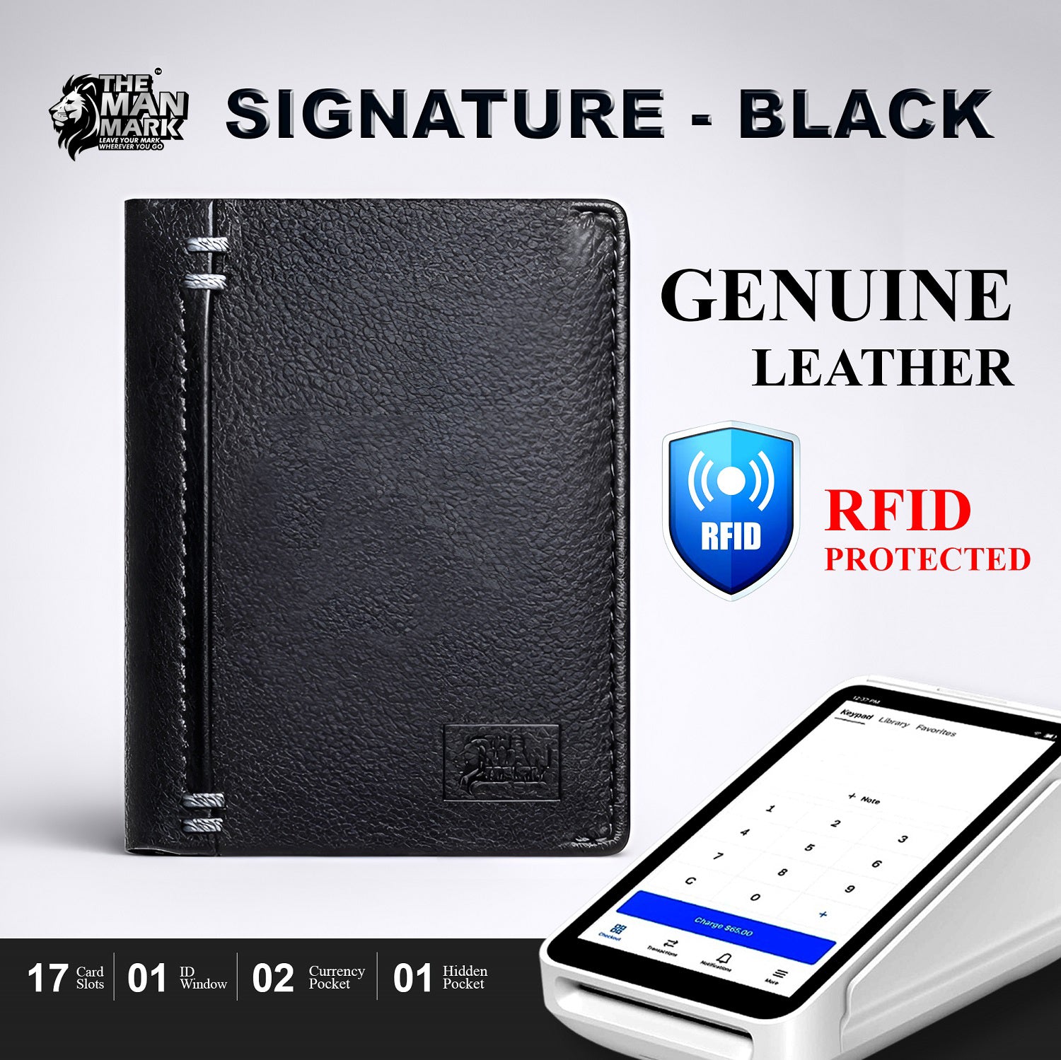 Signature (Black) Premium Leather Wallet - 17 Card Slots, 2 Currency Pockets, RFID Protection - Perfect Gift for Birthday, Valentine's Day, Father's Day, Brother's Day, Anniversary, Rakhi, Diwali etc