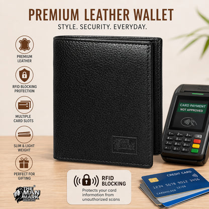 TRI - Fold (Black) Premium Leather Wallet for Men - 11 Card Slots, 2 Currency Pockets, 1 ID Window, RFID Protection - Perfect Gift for Birthday, Valentine's Day, Father's Day, Brother's Day, Anniversary, Rakhi, Diwali etc
