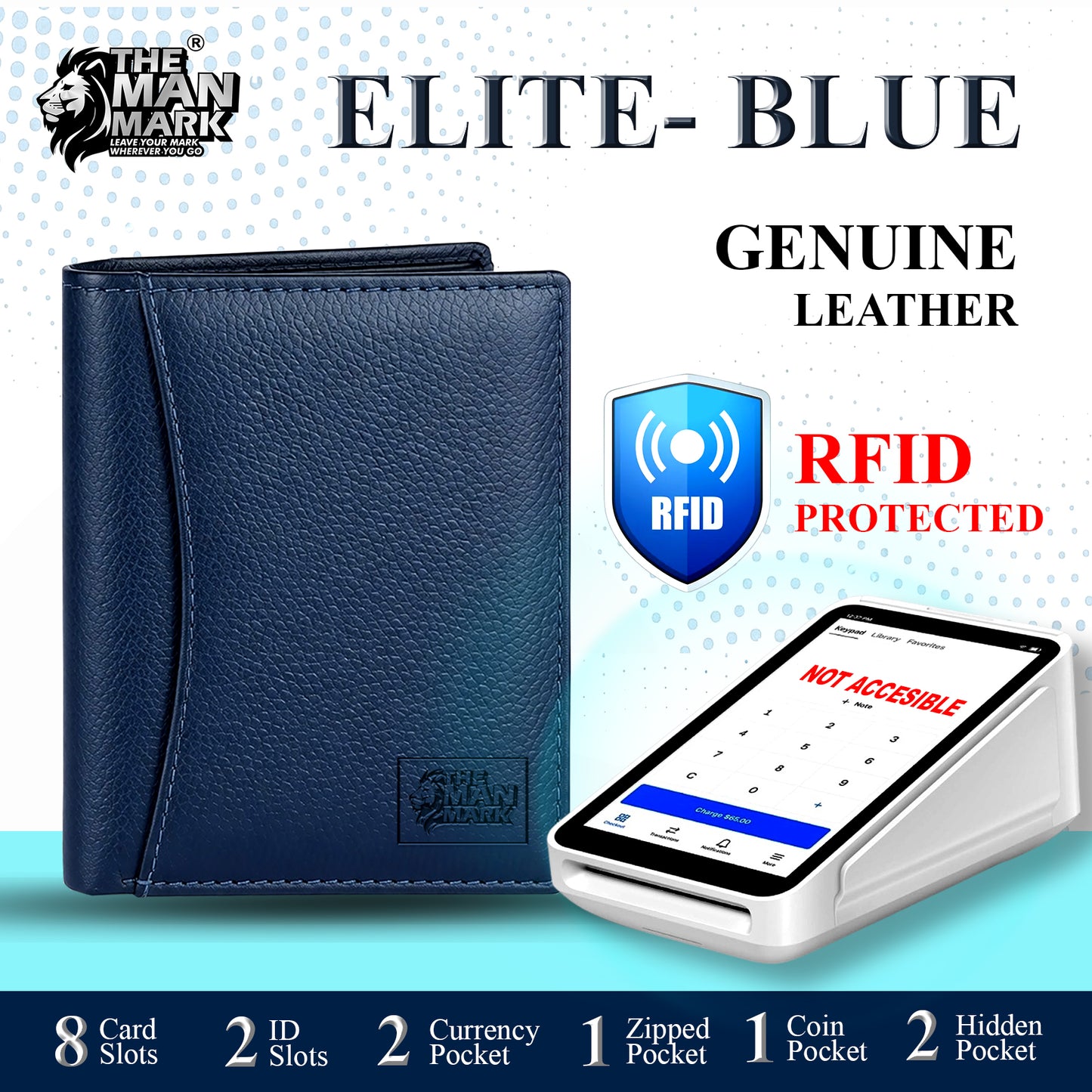 Elite (Blue) Premium Leather Wallet - 8 Card Slots, 2 Currency Pockets, 2, ID Window, RFID Protection - Perfect Gift for Birthday, Valentine's Day, Father's Day, Brother's Day, Anniversary, Rakhi, Diwali etc