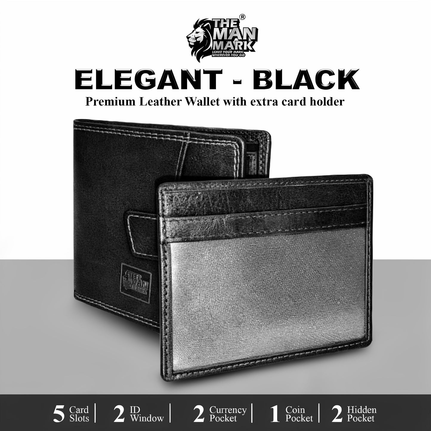 Elegant (Black) with Extra card Holder Premium Leather Wallet - 5 Card Slots, 2 Currency Pockets, 2, ID Window, RFID Protection - Perfect Gift for Birthday, Valentine's Day, Father's Day, Brother's Day, Anniversary, Rakhi, Diwali etc