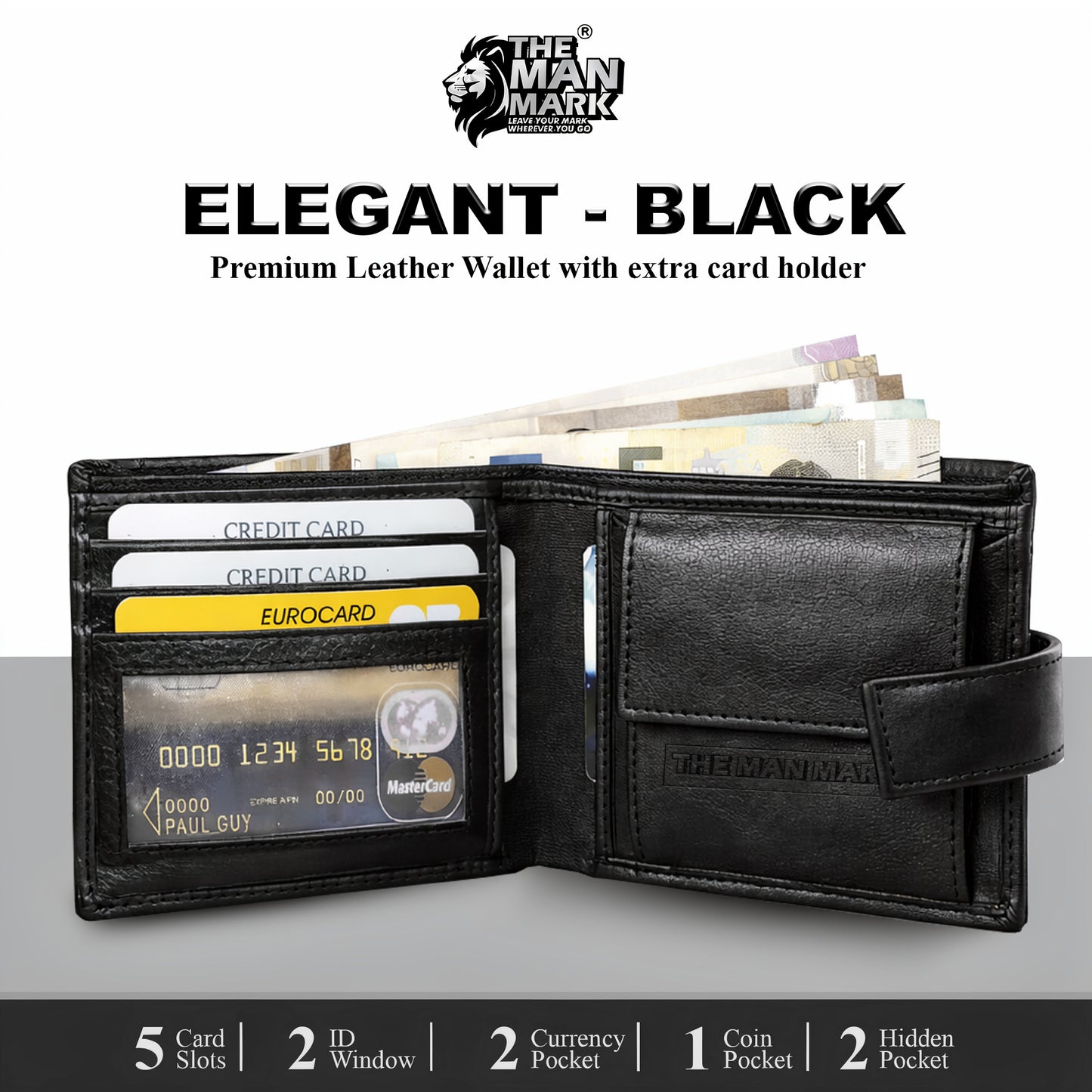 Elegant (Black) with Extra card Holder Premium Leather Wallet - 5 Card Slots, 2 Currency Pockets, 2, ID Window, RFID Protection - Perfect Gift for Birthday, Valentine's Day, Father's Day, Brother's Day, Anniversary, Rakhi, Diwali etc