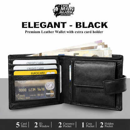 Elegant (Black) with Extra card Holder Premium Leather Wallet - 5 Card Slots, 2 Currency Pockets, 2, ID Window, RFID Protection - Perfect Gift for Birthday, Valentine's Day, Father's Day, Brother's Day, Anniversary, Rakhi, Diwali etc