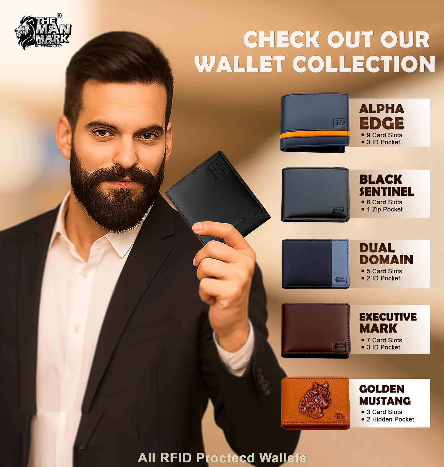 Classic Trio (Black) Pu Leather Wallet- 3 Card Slots, 2 Currency Pockets, 2 ID Window, RFID Protection - Perfect Gift for Birthday, Valentine's Day, Father's Day, Brother's Day, Anniversary, Rakhi, Diwali etc.