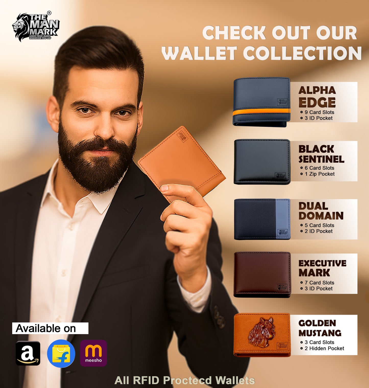 Classic Trio (Tan) Pu Leather Wallet- 3 Card Slots, 2 Currency Pockets, 2 ID Window, RFID Protection - Perfect Gift for Birthday, Valentine's Day, Father's Day, Brother's Day, Anniversary, Rakhi, Diwali etc.
