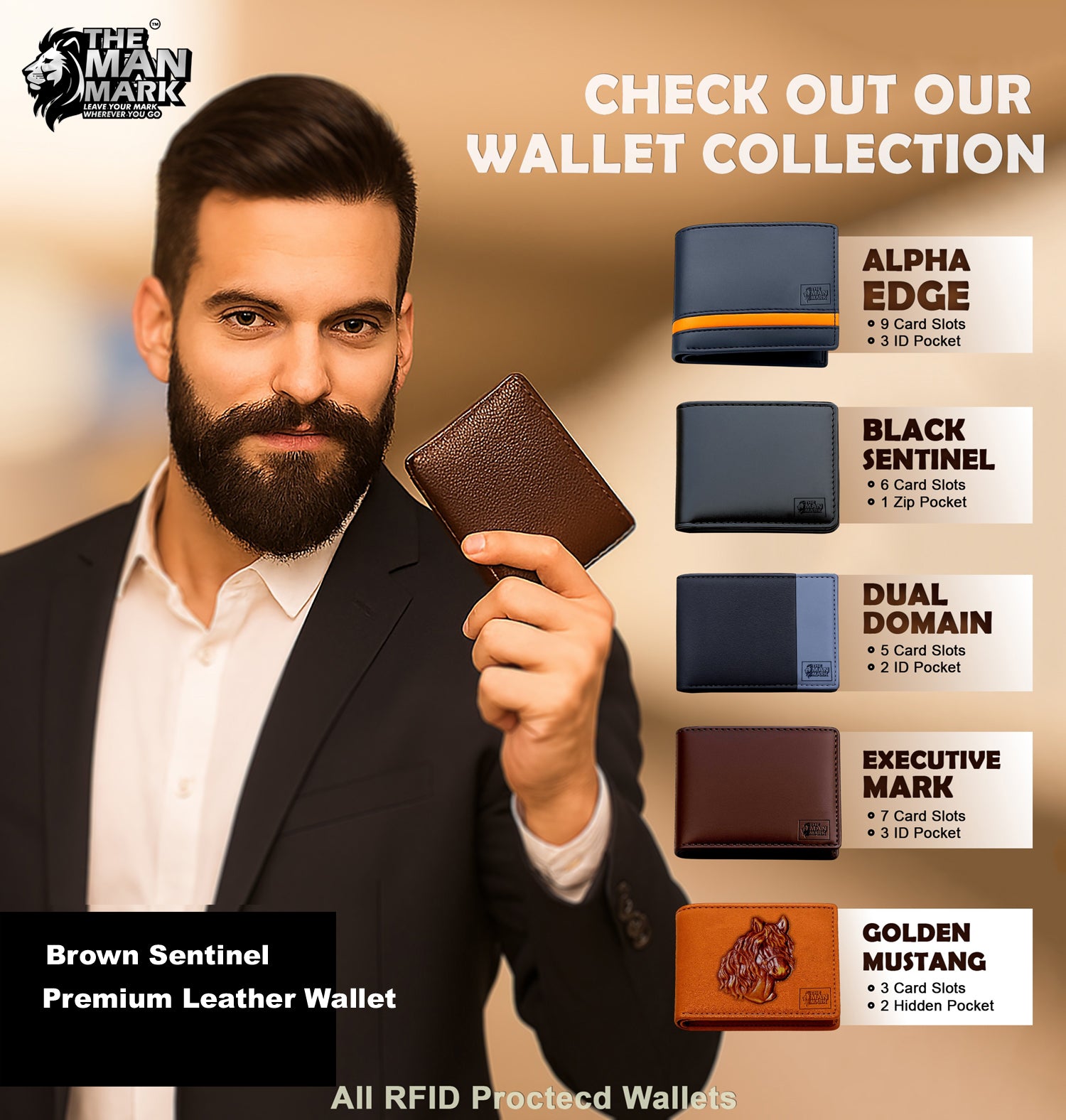 Brown Sentinel Premium Leather Wallet - 6 Card Slots, 2 Currency Pockets, RFID Protection - Perfect Gift for Birthday, Valentine's Day, Father's Day, Brother's Day, Anniversary, Rakhi, Diwali etc