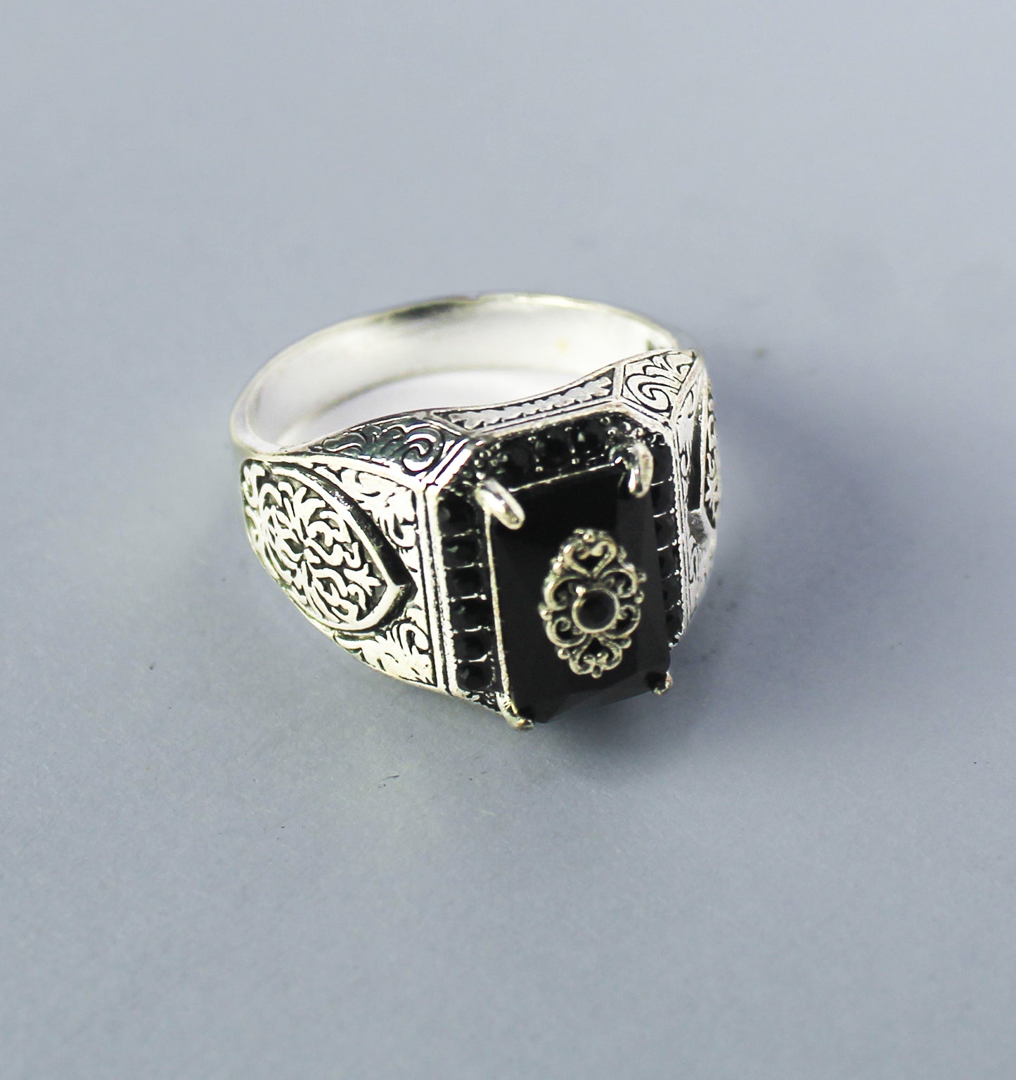 Men's Turkish Signet Ring: Ancient Silver Carved Eagle, Black Onyx