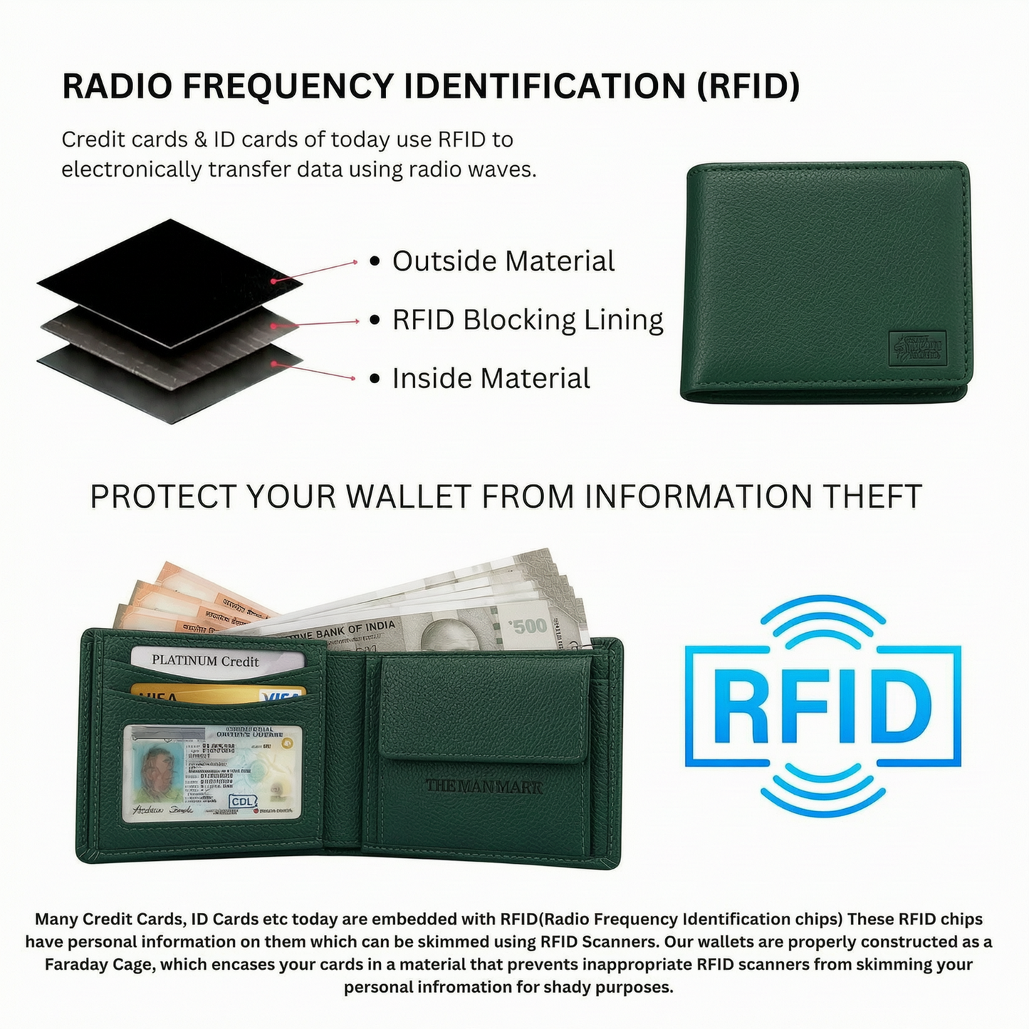 Green Executive Mark  Premium Leather Wallet - 7 Card Slots, 2 Currency Pockets, RFID Protection - Perfect Gift for Birthday, Valentine's Day, Father's Day, Brother's Day, Anniversary, Rakhi, Diwali etc