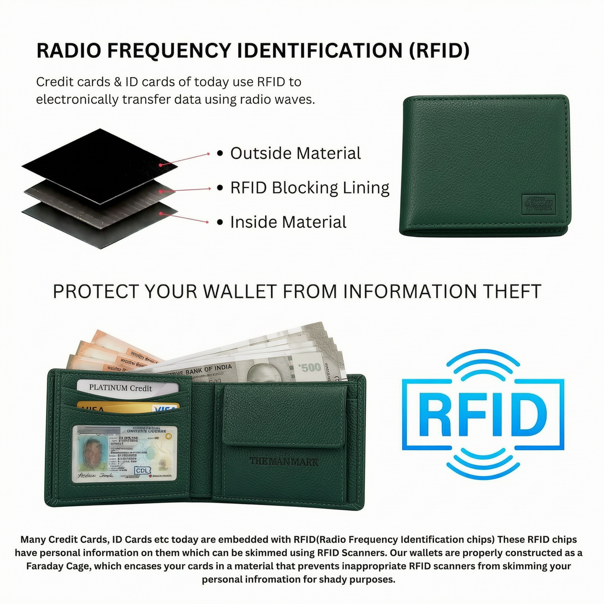 Green Executive Mark  Premium Leather Wallet - 7 Card Slots, 2 Currency Pockets, RFID Protection - Perfect Gift for Birthday, Valentine's Day, Father's Day, Brother's Day, Anniversary, Rakhi, Diwali etc