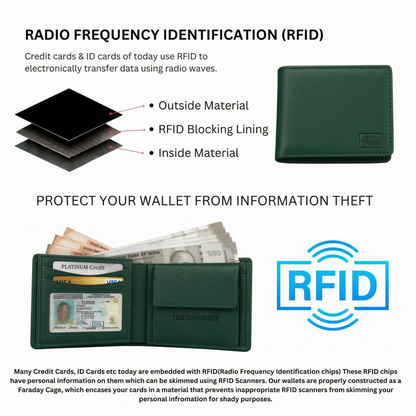 Green Executive Mark  Premium Leather Wallet - 7 Card Slots, 2 Currency Pockets, RFID Protection - Perfect Gift for Birthday, Valentine's Day, Father's Day, Brother's Day, Anniversary, Rakhi, Diwali etc