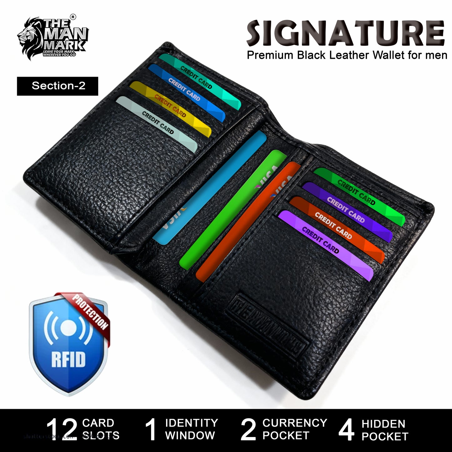 Signature (Black) Premium Leather Wallet - 12 Card Slots, 2 Currency Pockets, RFID Protection - Perfect Gift for Birthday, Valentine's Day, Father's Day, Brother's Day, Anniversary, Rakhi, Diwali etc
