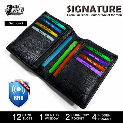 Signature (Black) Premium Leather Wallet - 12 Card Slots, 2 Currency Pockets, RFID Protection - Perfect Gift for Birthday, Valentine's Day, Father's Day, Brother's Day, Anniversary, Rakhi, Diwali etc