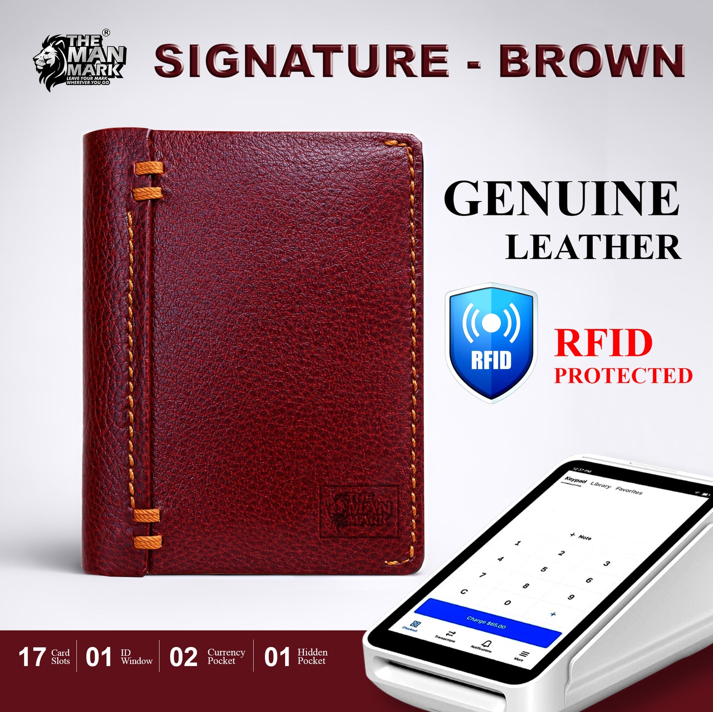 Signature (Brown) Premium Leather Wallet - 17 Card Slots, 2 Currency Pockets, RFID Protection - Perfect Gift for Birthday, Valentine's Day, Father's Day, Brother's Day, Anniversary, Rakhi, Diwali etc