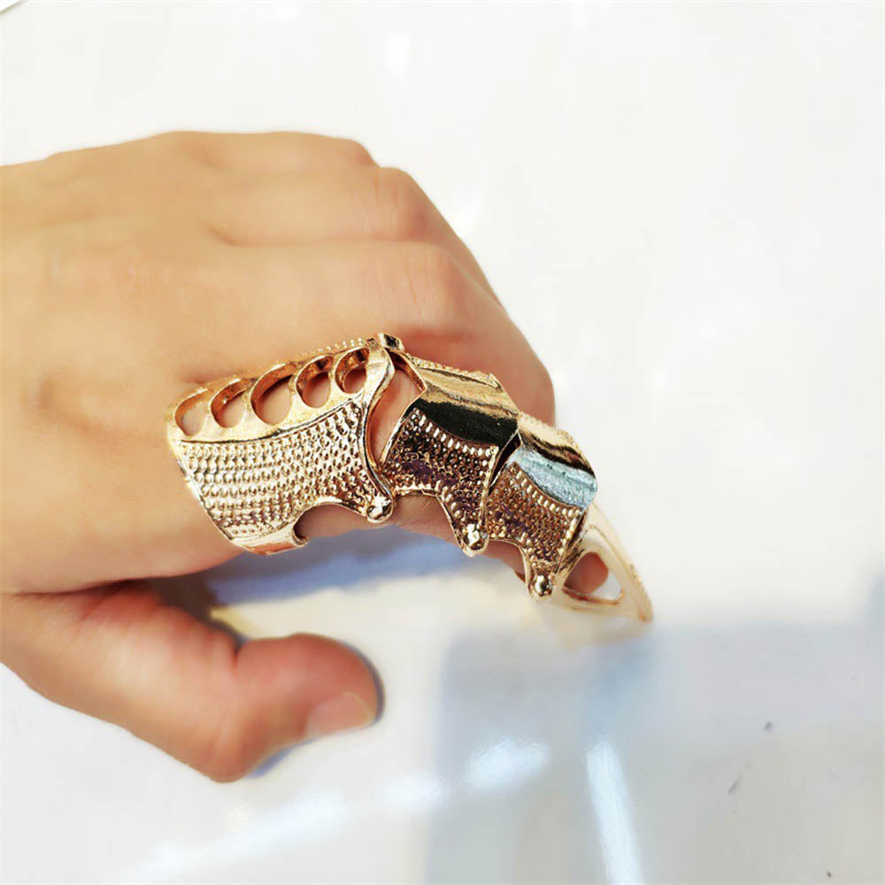 Full Finger Ring Rock Cool Boys Punk Cosplay Metal Full Finger Ring Scroll Joint Armor Knuckle Ring (Gold)