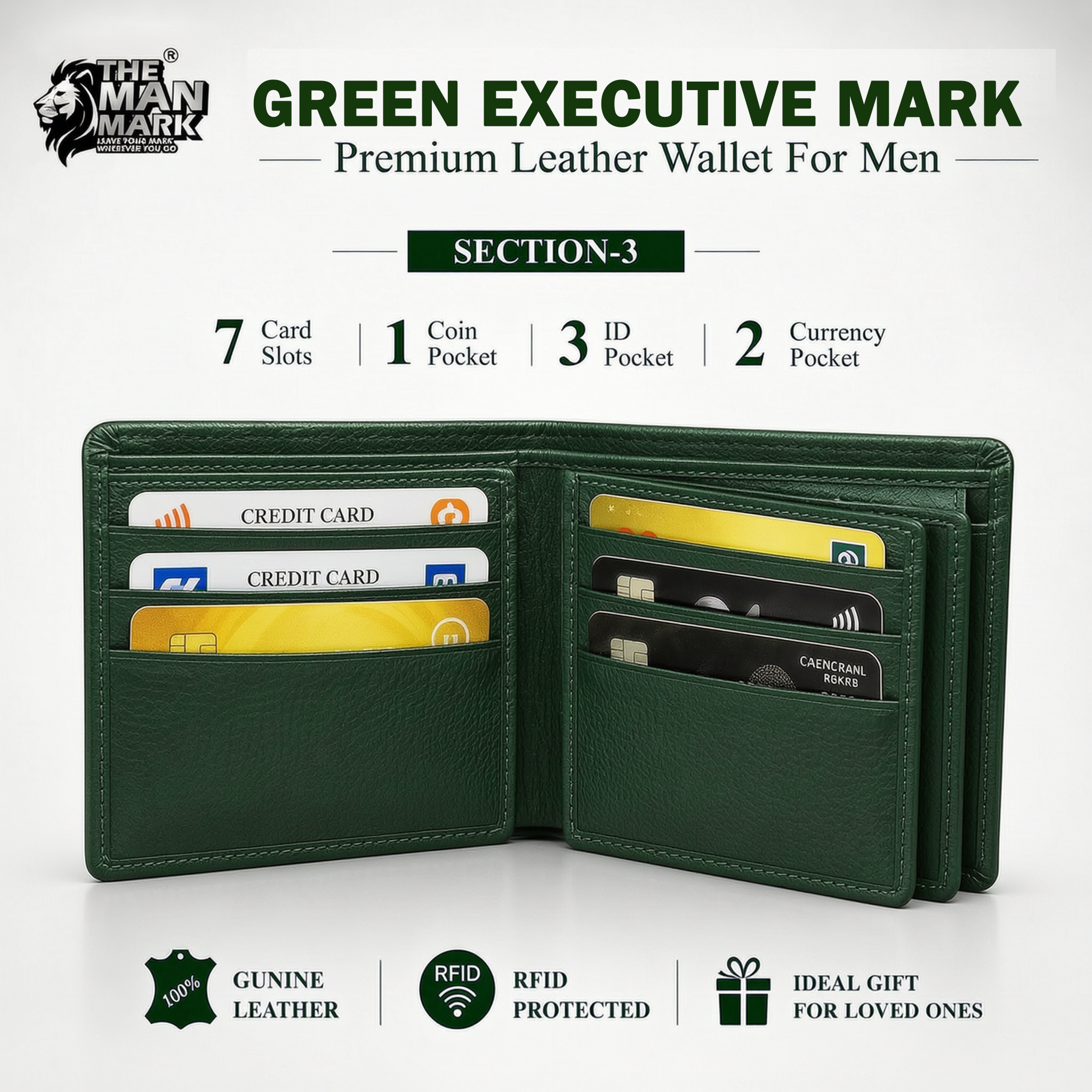 Green Executive Mark  Premium Leather Wallet - 7 Card Slots, 2 Currency Pockets, RFID Protection - Perfect Gift for Birthday, Valentine's Day, Father's Day, Brother's Day, Anniversary, Rakhi, Diwali etc