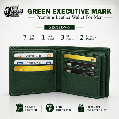 Green Executive Mark  Premium Leather Wallet - 7 Card Slots, 2 Currency Pockets, RFID Protection - Perfect Gift for Birthday, Valentine's Day, Father's Day, Brother's Day, Anniversary, Rakhi, Diwali etc