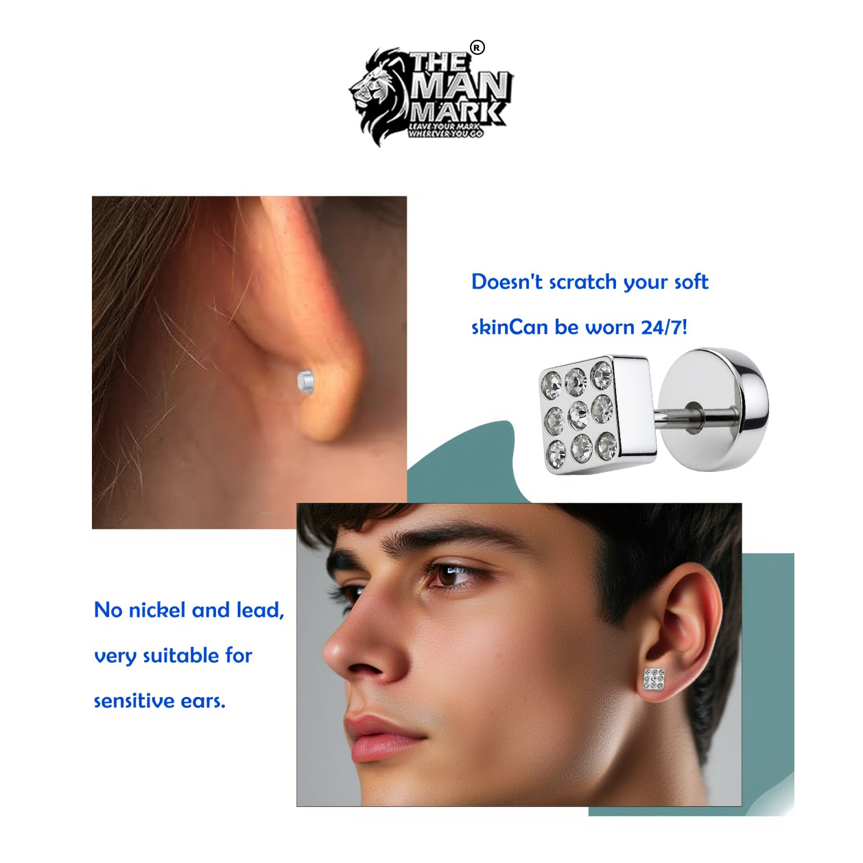 Square Crystal Stud Earring for Men
