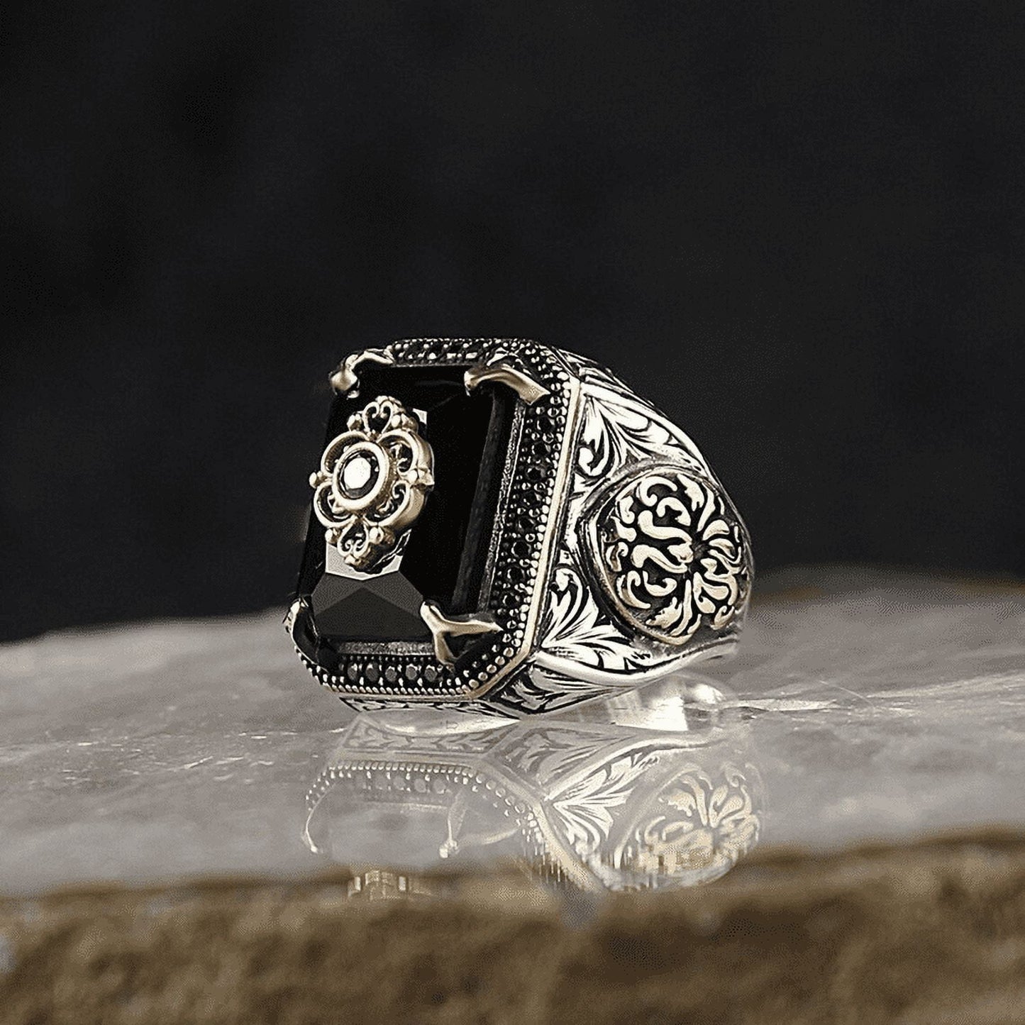 Men's Turkish Signet Ring: Ancient Silver Carved Eagle, Black Onyx