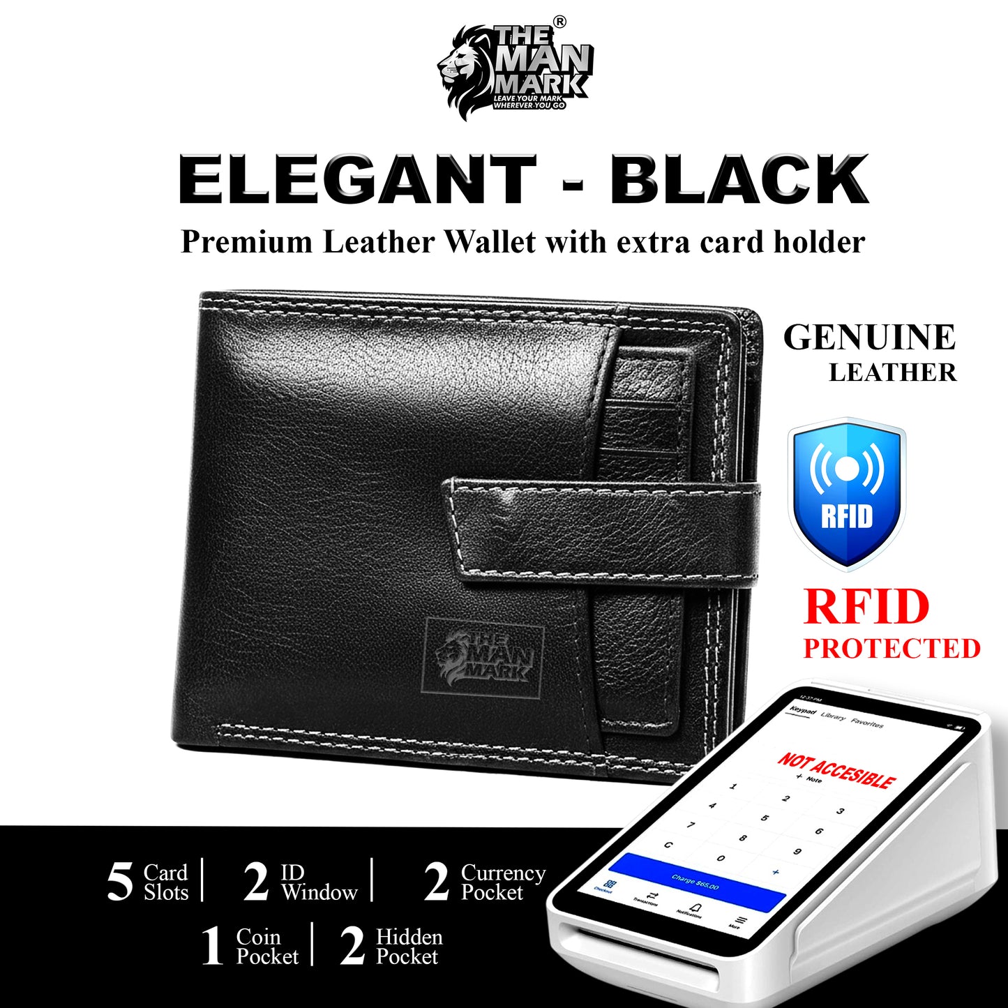 Elegant (Black) with Extra card Holder Premium Leather Wallet - 5 Card Slots, 2 Currency Pockets, 2, ID Window, RFID Protection - Perfect Gift for Birthday, Valentine's Day, Father's Day, Brother's Day, Anniversary, Rakhi, Diwali etc