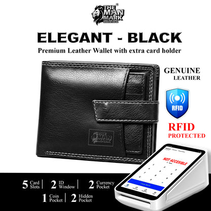 Elegant (Black) with Extra card Holder Premium Leather Wallet - 5 Card Slots, 2 Currency Pockets, 2, ID Window, RFID Protection - Perfect Gift for Birthday, Valentine's Day, Father's Day, Brother's Day, Anniversary, Rakhi, Diwali etc