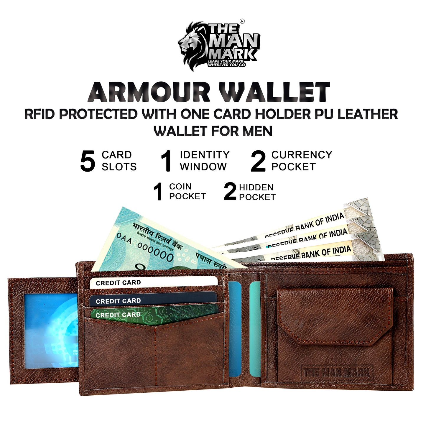Armour Wallet With One Card Holder Pu Leather Wallet- 5 Card Slots, 2 Currency Pockets, 1 ID Window, RFID Protection - Perfect Gift for Birthday, Valentine's Day, Father's Day, Brother's Day, Anniversary, Rakhi, Diwali etc.