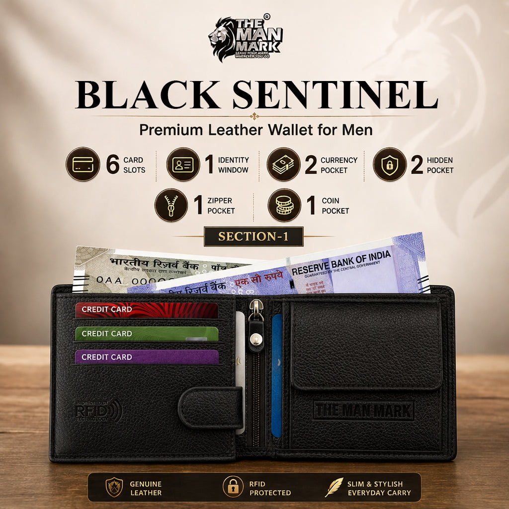 Black Sentinel Wallet, Alpha Rider Black Sunglasses & Professional Edge Black Belt – Premium Gift Combo for Men