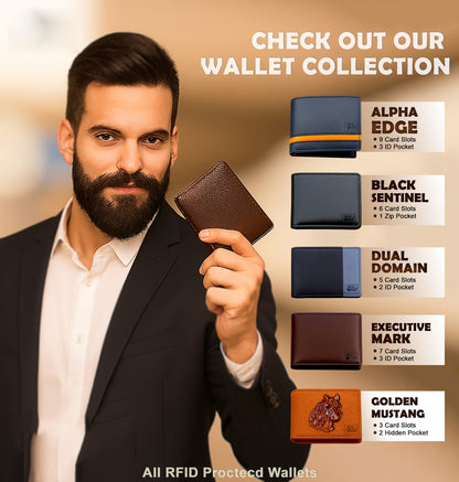 Black Executive Mark  Premium Leather Wallet - 7 Card Slots, 2 Currency Pockets, RFID Protection - Perfect Gift for Birthday, Valentine's Day, Father's Day, Brother's Day, Anniversary, Rakhi, Diwali etc